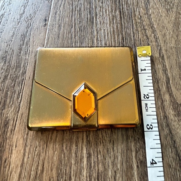 Vintage 1950’s Elgin American Powder Compact Mirror Brass Large Topaz Rhinestone - Picture 5 of 8